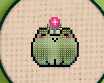 Flower Frog Cross Stitch Pattern - Frog Cross Stitch Pattern - Frog Cross Stitch - Cottagecore Frog Cross Stitch Pattern - Cottagecore Frog