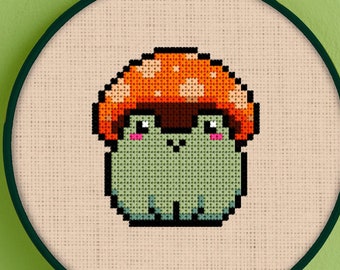 Mushroom Frog Cross Stitch Pattern - Mushroom Frog Stitch - Cottagecore Cross Stitch Pattern - Cottagecore Stitch - Frog Cross Stitch PDF