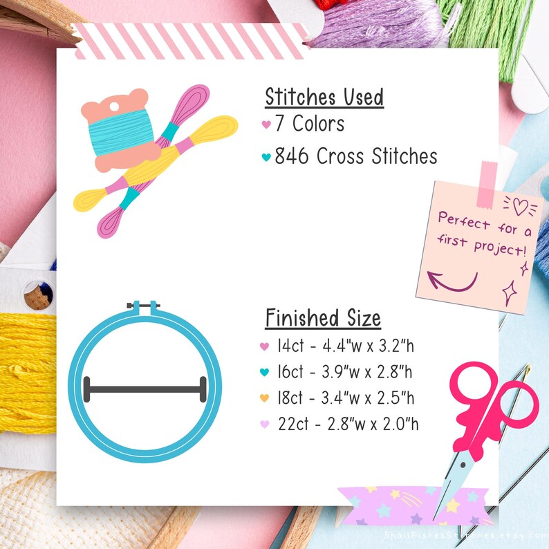 May include: A graphic with cross-stitch project details. It shows a teal embroidery hoop, colorful thread, and scissors. Text includes "Stitches Used: 7 Colors, 846 Cross Stitches" and "Finished Size" measurements in inches.