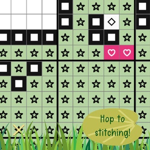 May include: A green and white cross stitch pattern with black squares, white squares, and stars. The pattern includes two pink hearts and the text "Hop to stitching!"