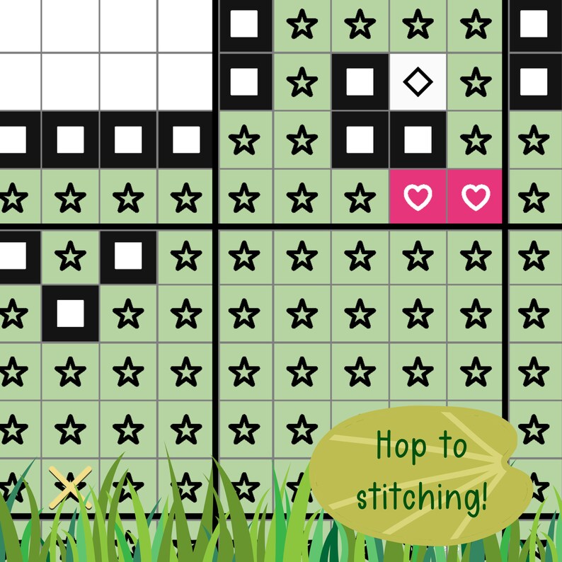 May include: A green and white cross stitch pattern with black squares, white squares, and stars. The pattern includes two pink hearts and the text "Hop to stitching!"