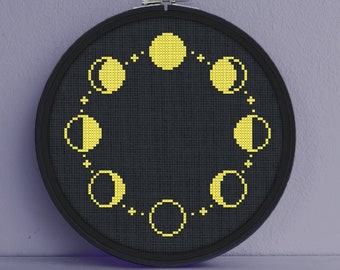 Moon Phase Cross Stitch Pattern - Lunar Cross Stitch Pattern - Black Aida - Moon Phase Embroidery - Witchy Cross Stitch - Digital Download
