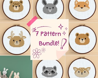 Paquete de 7 patrones de punto de cruz de animales del bosque - Paquete de patrones de punto de cruz - Patrón de punto de cruz de animales del bosque - Paquete de 7 patrones de punto