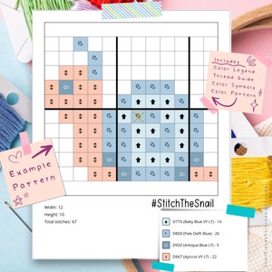 May include: Cross-stitch pattern on white paper with a snail design. The pattern uses blue, peach, and yellow thread colors. Includes color legend, thread guide, color symbols, and color pattern. The text reads "#StitchTheSnail".