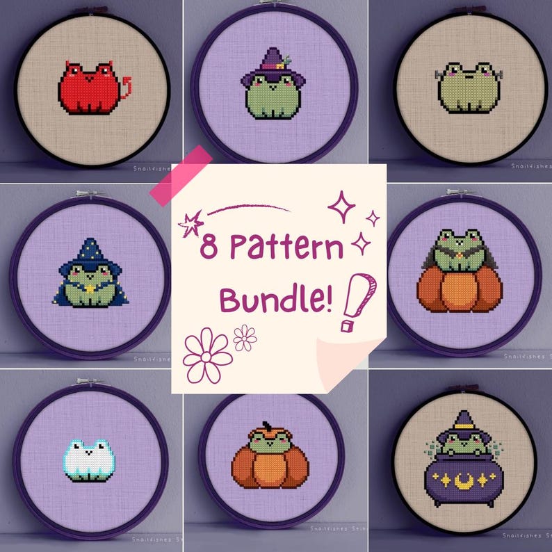 May include: A set of 8 cross stitch patterns featuring cute frogs in various Halloween costumes. The patterns include a frog wearing a witch hat, a frog dressed as a wizard, a frog holding a pumpkin, and more. The text "8 Pattern Bundle!" is displayed in the center of the image.