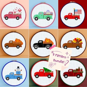 Holiday Truck Cross Stitch Pattern Bundle - Holiday Truck Cross Stitch Pattern - Truck Cross Stitch Pattern - Holiday Cross Stitch Pattern