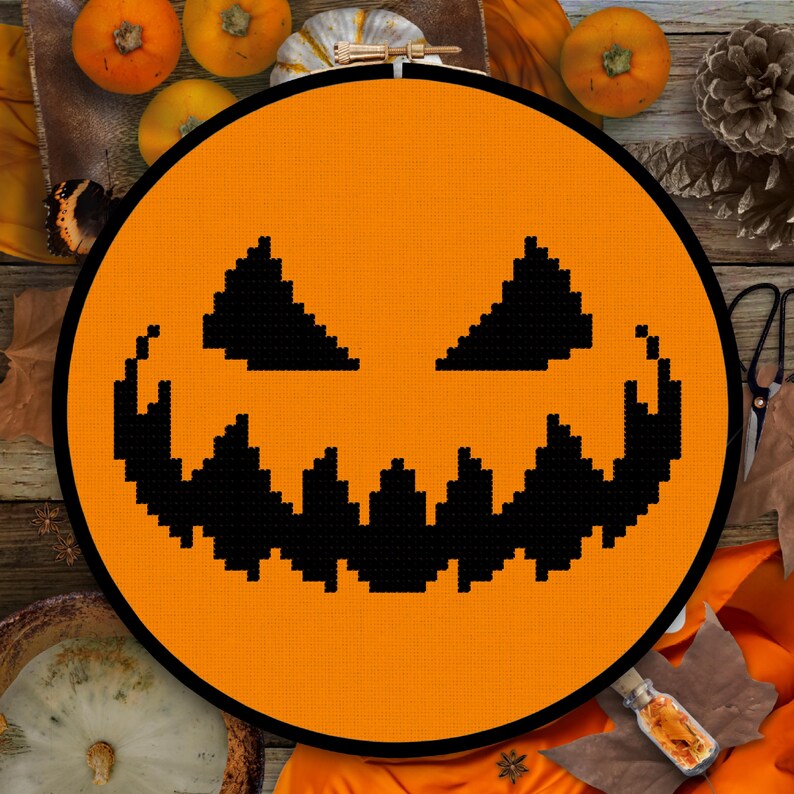 Jack O Lantern Face Cross Stitch Pattern - Pumpkin Face Cross Stitch ...