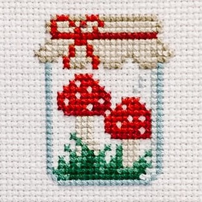 May include: Cross stitch pattern of a glass jar with a red ribbon tied around the lid. Inside the jar are two red and white mushrooms with green grass at the bottom.
