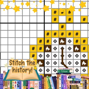 May include: A cross-stitch pattern with a partially completed design featuring a brown puzzle piece, a clock, and the text "Stitch the history!". The design is set against a grid background with yellow stars and a bookshelf.