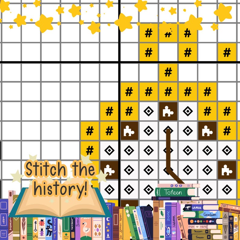 May include: A cross-stitch pattern with a partially completed design featuring a brown puzzle piece, a clock, and the text "Stitch the history!". The design is set against a grid background with yellow stars and a bookshelf.