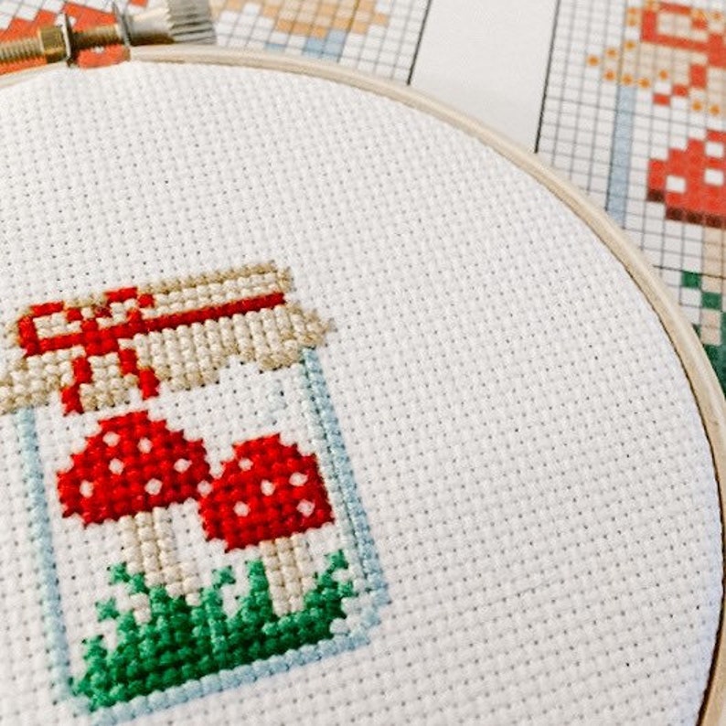 May include: A cross-stitch embroidery of a glass jar with a red ribbon tied around the lid. Inside the jar are two red mushrooms with white spots. The mushrooms are surrounded by green grass.