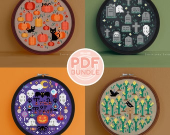 May include: A set of four Halloween-themed cross-stitch patterns. The patterns include a pumpkin patch with black cats, a graveyard with tombstones and ghosts, a trick or treat scene with candy and ghosts, and a cornfield with crows.