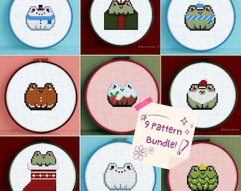 Chritmas Frog Cross Stitch 9 Pattern Bundle - Christmas Frog Cross Stitch Pattern - Christmas Frog Stitch - Christmas Cross Stitch Bundle