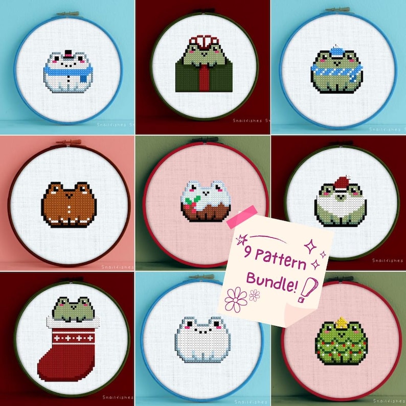 Op de afbeelding: Negen kruissteekpatronen met schattige kikkerfiguren in verschillende feestkleding en omgevingen. De patronen worden getoond in borduurringen op een kleurrijke achtergrond. De tekst "9 Pattern Bundle!" staat op een gele sticky note.