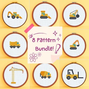 May include: Eight embroidery patterns featuring different construction vehicles, including a crane, bulldozer, dump truck, excavator, and forklift. The patterns are displayed in yellow embroidery hoops on a yellow background.