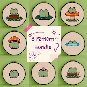Forest Frog Cross Stitch Pattern Bundle - 8 Cross Stitch Pattern Bundle - Frog Cross Stitch Pattern Bundle - Frog Stitch Pattern Bundle PFF