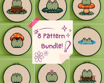Forest Frog Cross Stitch Pattern Bundle - 8 Cross Stitch Pattern Bundle - Frog Cross Stitch Pattern Bundle - Frog Stitch Pattern Bundle PFF