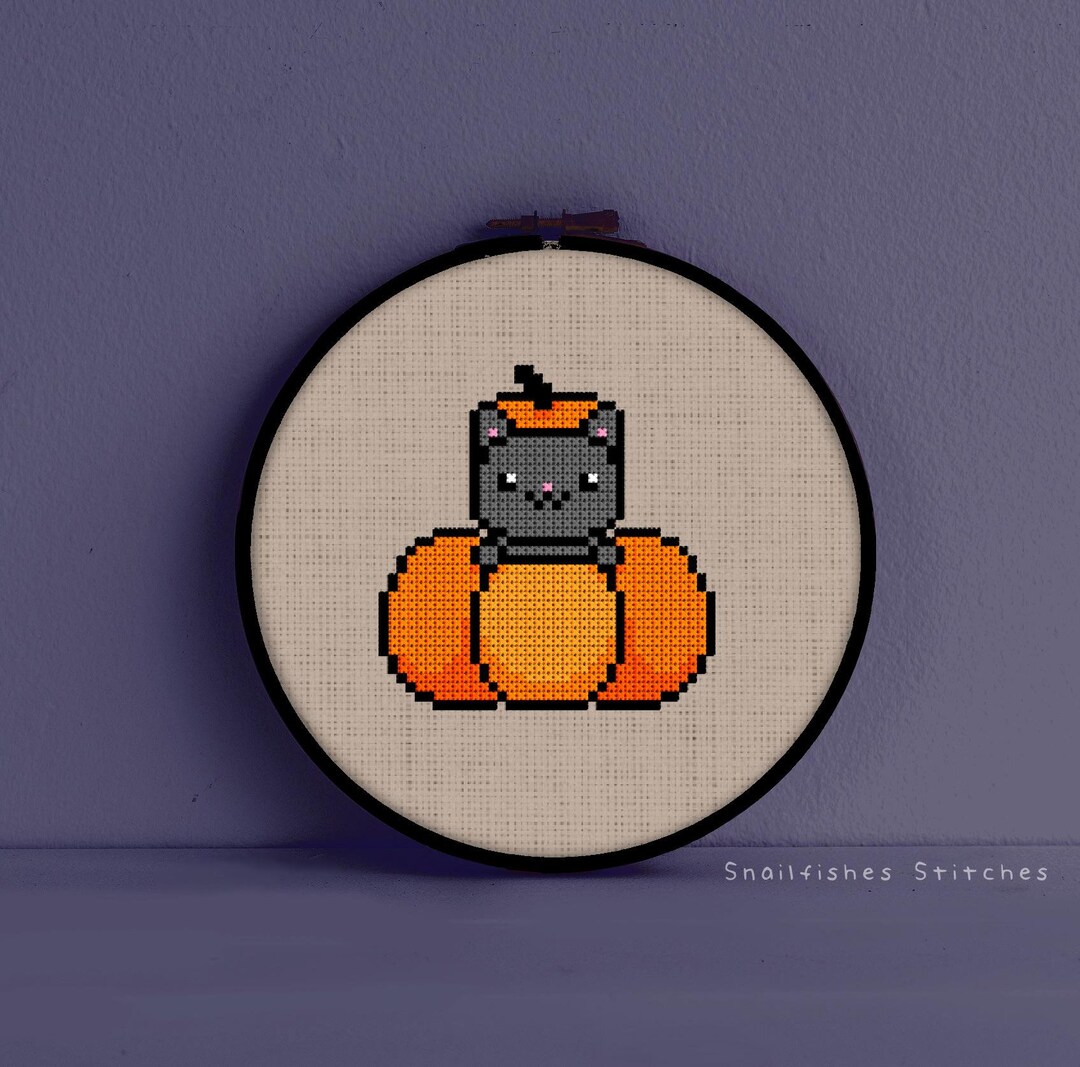 Pumpkin Cat Cross Stitch Pattern - Halloween Cat Cross Stitch Pattern ...