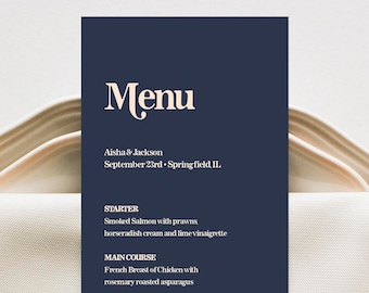 Navy Menu Template, Printable Wedding Menu Cards, DIY Editable Menu, Menu Card Template, Navy Menu, Dinner Menu, Fully Editable, C54