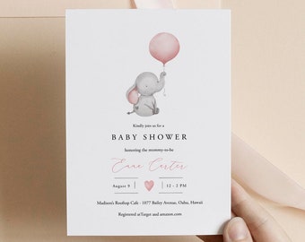 Baby Shower Invitation Template, Elephant Baby Shower Invite Editable, Printable Pink Balloon Baby Shower Invite Girl Baby Girl Templett C72