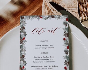 Christmas Menu Template Printable Winter Wedding Menu Card Editable Holiday Menu Green And Red Menu Christmas Dinner Menu 5x7 Templett, C98