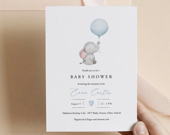 Baby Shower Invitation Template, Elephant Baby Shower Invite Editable, Printable Blue Balloon Baby Shower Invite Boy, Baby Boy, Templett C72