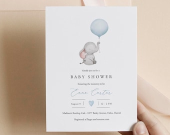 Modèle d'Invitation pour baby shower, baby shower d'éléphant, invitation modifiable, imprimable pour baby shower de ballon bleu, garçon, bébé garçon, Templett C72