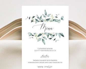 Eucalyptus Menu Template Instant Download, Editable Wedding Menu Cards, Editable Menu, Greenery Menu, Printable Party Menu, Templett, C31