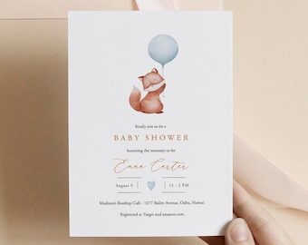 Boy Baby Shower Invitation Template, Fox Baby Shower Invite Editable, Printable Blue Balloon Baby Shower Invite Boy, Baby Boy, Templett, C72