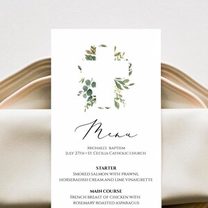 Szablon menu chrztu Greenery, natychmiastowe pobranie, karty menu chrztu do druku, edytowalne menu komunijne z krzyżem liści, Templett, C51