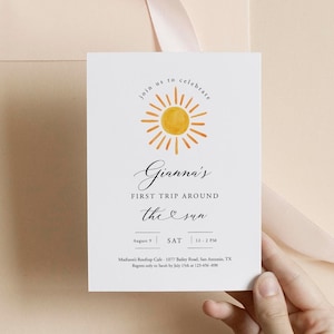 First Trip Around The Sun Birthday Invitation Template, Bohemian Sunshine Birthday Invite, Printable Gender Neutral Boho Sun, Templett, C87