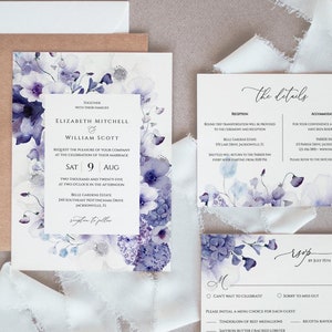 Purple Wedding Invitation Set Template, Editable Violet Wedding Invitation Set, Hydrangea Anemone Wedding Invitation Suite, Templett, C74