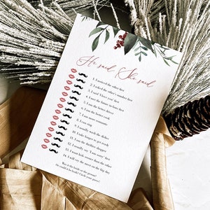 Winter Bridal Shower Game, Editable He Said She Said Template, Printable He Said She Said, Christmas Wedding Shower Game, Templett, C57