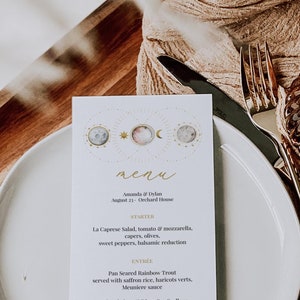 Celestial menusjabloon, universum bruiloft menukaarten, planeten bruiloftsmenu, Galaxy afdrukbaar dinermenu, bewerkbaar boho-menu, Templett, C77