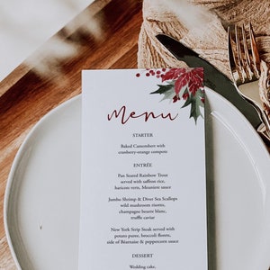 Holiday Menu Template Printable Christmas Wedding Menu Card Editable Winter Menu Red And Green Menu Christmas Dinner Menu 5x7 Templett, C97