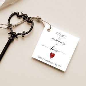The Key To Happiness Is Love, Printable Key Favor Tag, Editable Wedding Favor Tag, Bottle Opener Tag, Key Tag, Instant Download, Templett