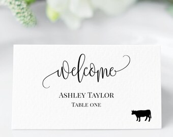 Editable Place Card Template With Meal Icons, Printable Wedding Place Cards, Calligraphy Escort Cards, Folded Place Cards Flat,  Templett