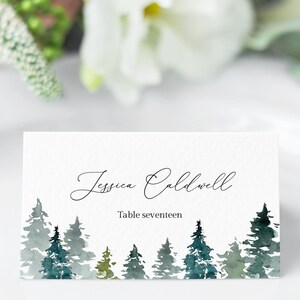 Forest Escort Card Template, Editable Outdoor Wedding Place Card, Printable Pine Tree Escort Cards, Folded Flat Place Cards, Templett, C48