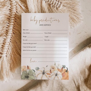Pompoen kaart babyvoorspelling afdrukbare voorspellingen voor baby bewerkbare herfst babyshowerspel nieuwe sjabloon babyvoorspelling Templett, C96