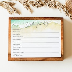 Letrero y tarjetas con deseos de playa para bebés, consejos imprimibles para bebés en el océano, juego editable para baby shower Seashore, plantilla de tarjeta con deseos para bebés, Templett C56
