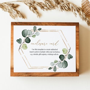 Grün und Gold Gehäuse Karten Vorlage, druckbare Hochzeitseinladung Einlage, bearbeitbare Brautparty Einlage, Detailkarte, Templett, C22