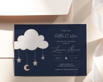 Twinkle Twinkle Little Star Baby Shower Invitation Template, Editable Cloud And Stars Invite, Navy Printable Invite, Baby Boy, Templett
