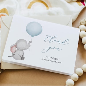 Modèle de carte de remerciement éléphant, Remerciement garçon modifiable, ballon bleu fête d'anniversaire Merci, shower de bébé garçon Merci Templett C72