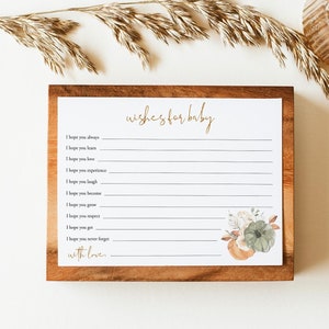 Letrero y tarjetas con deseos de calabaza para bebé Tarjeta de consejos para bebé de otoño Juego de baby shower de otoño editable Plantilla de tarjeta de deseos para bebé imprimible Templett C96