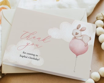 Bunny Thank You Card Template, Editable Girl Thank You Note, Bunny And Balloon Birthday Party Thank You, Baby Shower Thank You, Templett C90