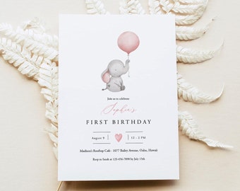 Girl Birthday Invitation Template, Elephant Birthday Invite Editable, Printable Pink Balloon First Birthday Invite For A Girl, Templett, C72