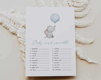 Baby Word Scramble Template, Boy Baby Shower Game, Printable, Word Scramble Game, Baby Shower Activities, Elephant, Balloon, Templett, C72