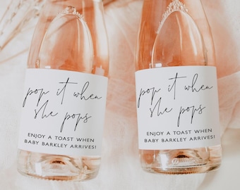 Etiqueta minimalista para mini botella de champán "Pop It When She Pops" (Publica cuando ella se canse) Pegatina para champán Recuerdos para baby shower Regalo para baby shower Baby Sprinkle DIY Templett
