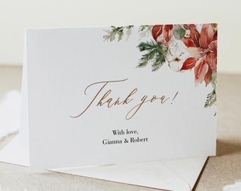 Christmas Thank You Card, Folded Thank You Note, Winter Thank You Card Printable, Editable Thank You, Poinsettia Pine Thank You Templett C62