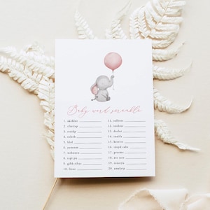 Baby Word Scramble Template, Girl Baby Shower Game, Printable, Word Scramble Game, Baby Shower Activities, Elephant, Balloon, Templett, C72